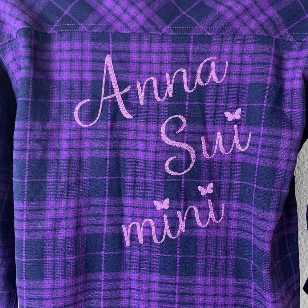 Anna Sui Mini Girls 12Y L Purple Plaid Shirt Dress Butterfly Embroidered Ruffle